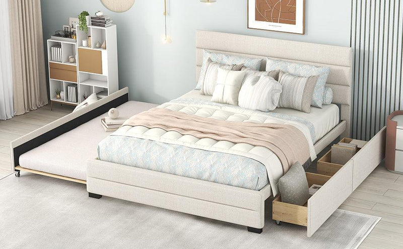 Queen Upholstered Platform Bed with Twin Size Trundle and Two Drawers, Beige - Urban Living Furniture (Los Angeles, CA)