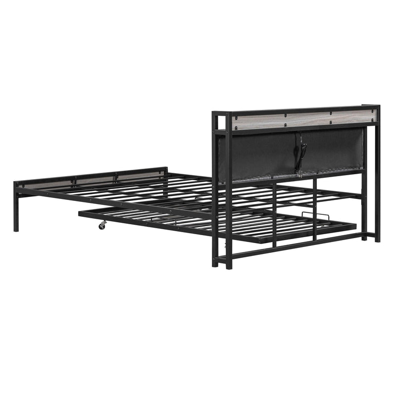 Queen Size Metal Platform Bed Frame with Twin size trundle, Upholstered headboard ，Sockets, USB Ports and Slat Support ,No Box Spring Needed，Black - Urban Living Furniture (Los Angeles, CA)