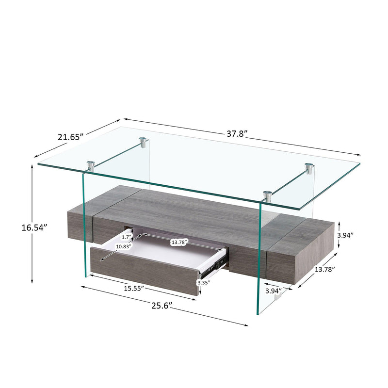 37.8" Tempered Glass Coffee table with Dual Shelves and MDF Drawer, Tea Table for living roon, bedroom，transparent/gray