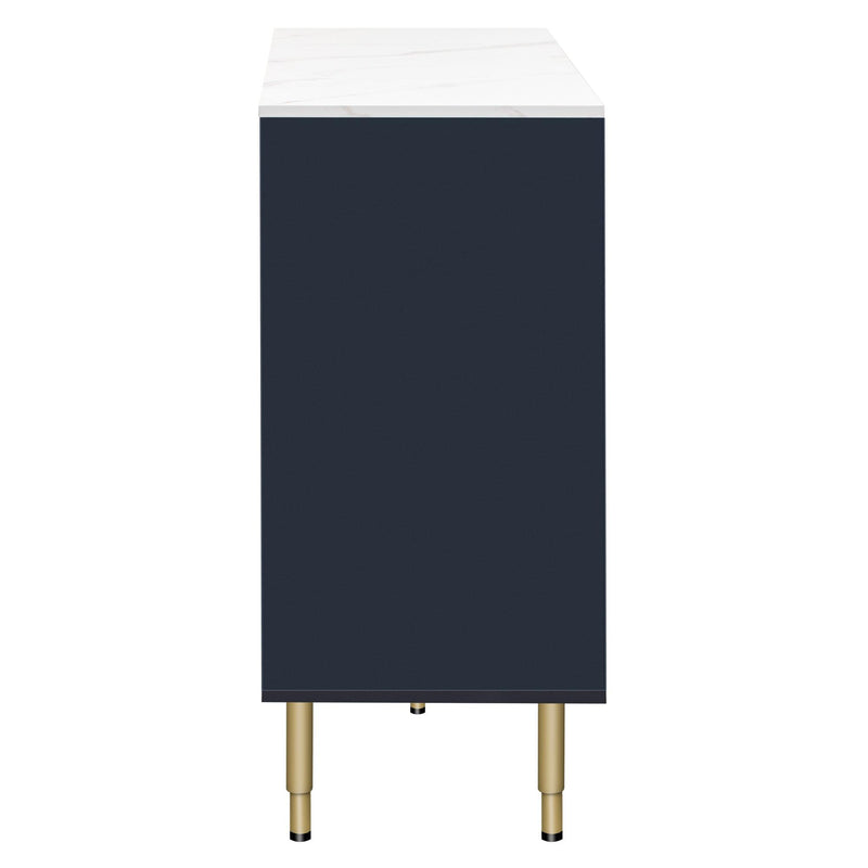 Modern Sideboard MDF Buffet Cabinet Marble Sticker Tabletop and Amber-yellow Tempered Glass Doors with Gold Metal Legs & Handles (Navy Blue) - Urban Living Furniture (Los Angeles, CA)