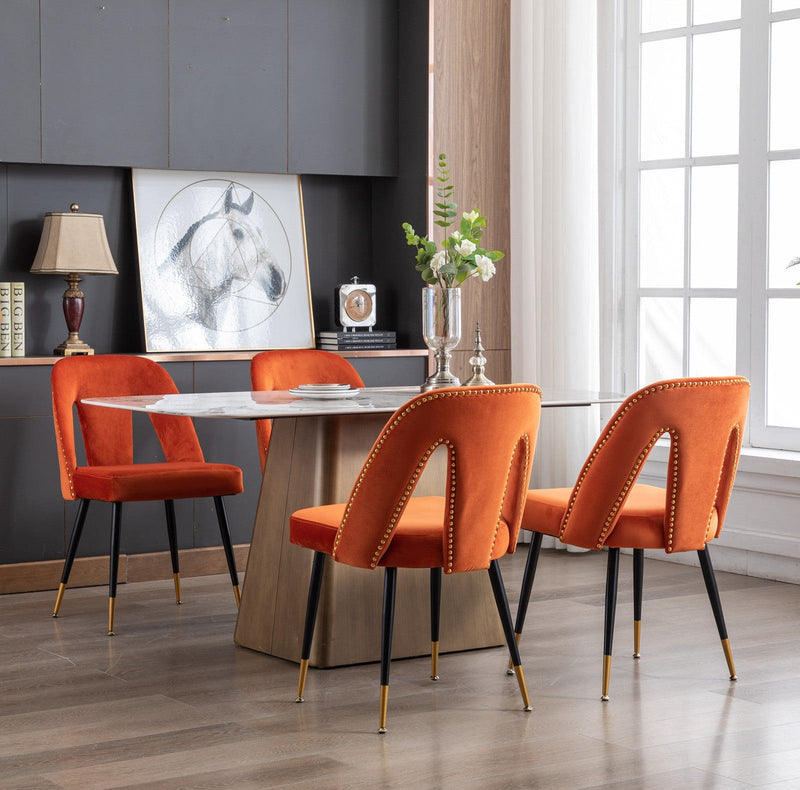 Akoya CollectionModern | Contemporary Velvet Upholstered Dining Chair with Nailheads and Gold Tipped Black Metal Legs, Orange，Set of 2 - Urban Living Furniture (Los Angeles, CA)