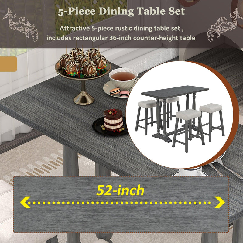 5-Piece Dining Table Set, Counter Height Dining Furniture with a Rustic Table and 4 Upholstered Stools for Kitchen, Dining Room (Gray) - Urban Living Furniture (Los Angeles, CA)