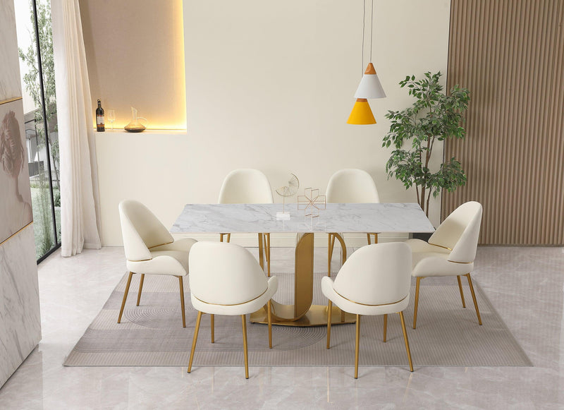 71" Contemporary Dining Table in Gold with Sintered Stone Top and  U shape Pedestal Base in Gold finish with 6 pcs Chairs . - Urban Living Furniture (Los Angeles, CA)