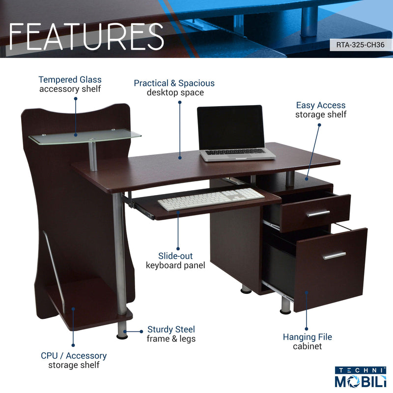 Techni Mobili Stylish Computer Desk withStorage, Chocolate