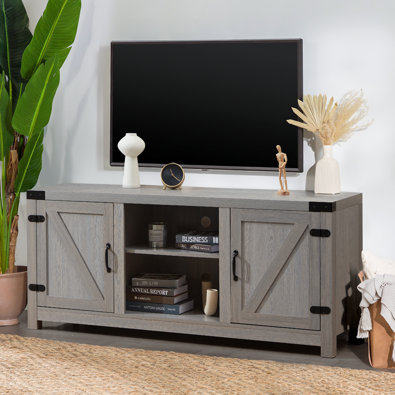 Modern Farmhouse Barn Door TV Stand,Storage Entertainment Center,Wood Media Console Table Cabinet 3-Level Adjustable Shelf for TVs up to 65 Inches ,58inch,Gray /Barnwood