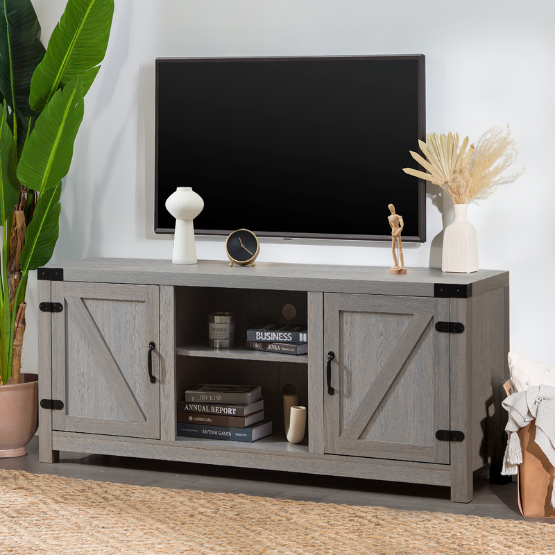 Modern Farmhouse Barn Door TV Stand,Storage Entertainment Center,Wood Media Console Table Cabinet 3-Level Adjustable Shelf for TVs up to 65 Inches ,58inch,Gray /Barnwood - Urban Living Furniture (Los Angeles, CA)