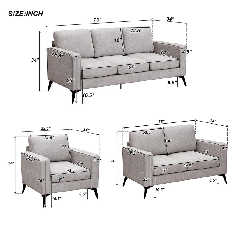 Modern 3-Piece Sofa Sets with Sturdy Metal Legs,Chenille Upholstered Couches Sets Including 3-Seat Sofa, Loveseat and Single Chair for Living Room Furniture Set (1+2+3 Seat) - Urban Living Furniture (Los Angeles, CA)