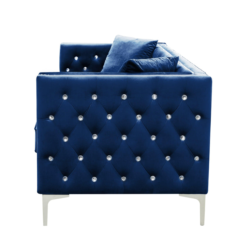 82.3" WidthModern Velvet Sofa Jeweled Buttons Tufted Square Arm Couch Blue,2 Pillows Included - Urban Living Furniture (Los Angeles, CA)