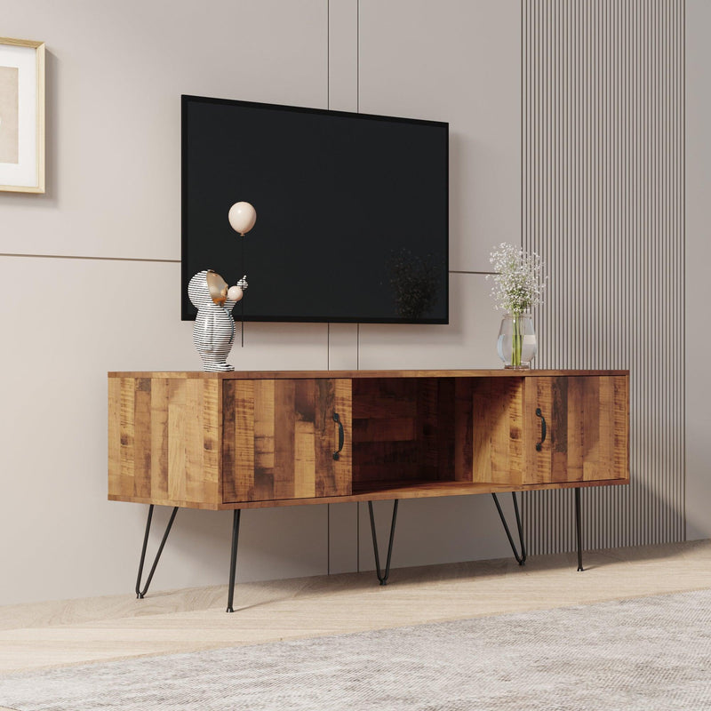 TV Media Stand, 60 inch Wide ,Modern Industrial, Living Room Entertainment Center,Storage Shelves and Cabinets, for Flat Screen TVs up to 65 inches in Natural