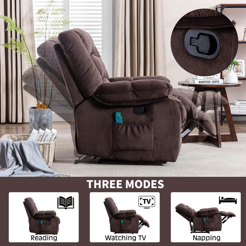 Overstuffed Massage Recliner Chairs with Heat and Vibration, Soft Fabric Single Manual Reclining Chair for Living Room Bedroom  (Brown)