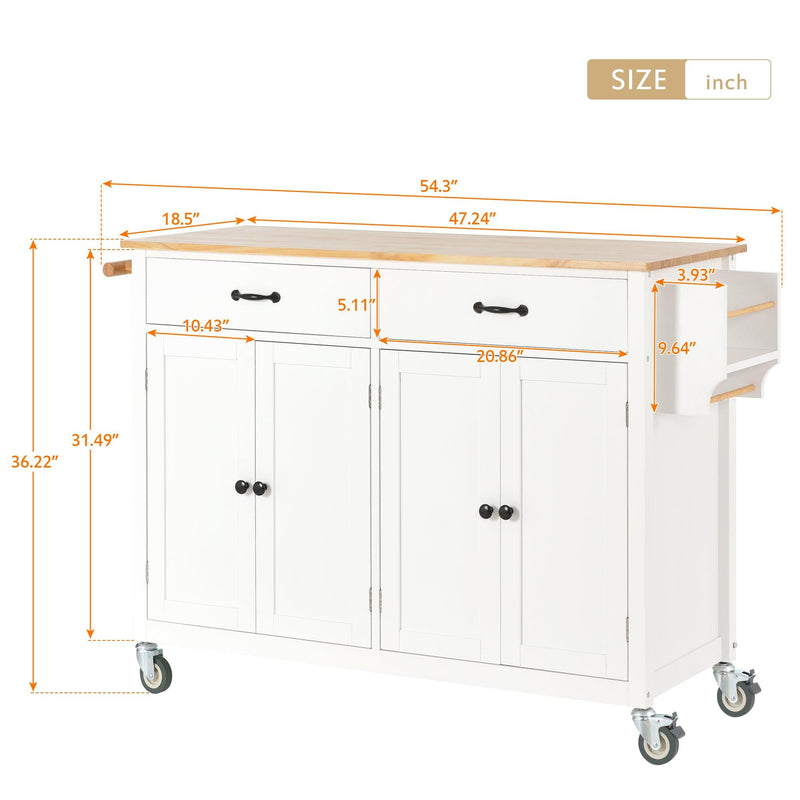 Kitchen Island Cart with Solid Wood Top and Locking Wheels，54.3 Inch Width，4 Door Cabinet and Two Drawers，Spice Rack, Towel Rack （White） - Urban Living Furniture (Los Angeles, CA)