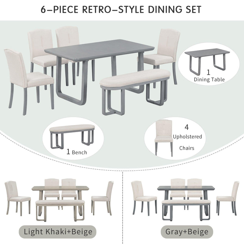 6-Piece Retro-Style Dining Set Includes Dining Table, 4 Upholstered Chairs & Bench with Foam-covered Seat Backs&Cushions for Dining Room (Gray+Beige) - Urban Living Furniture (Los Angeles, CA)