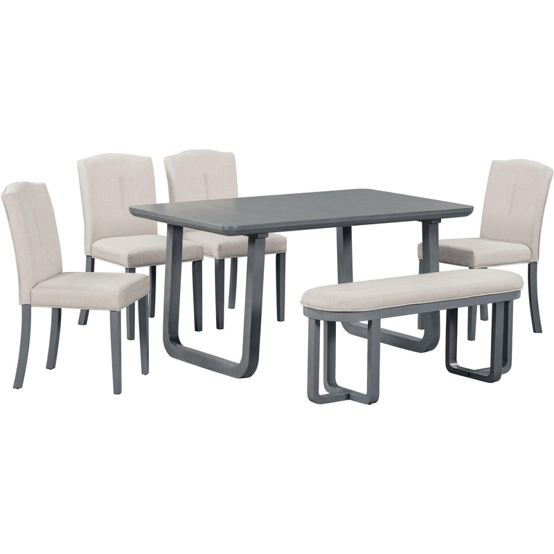 6-Piece Retro-Style Dining Set Includes Dining Table, 4 Upholstered Chairs & Bench with Foam-covered Seat Backs&Cushions for Dining Room (Gray+Beige) - Urban Living Furniture (Los Angeles, CA)