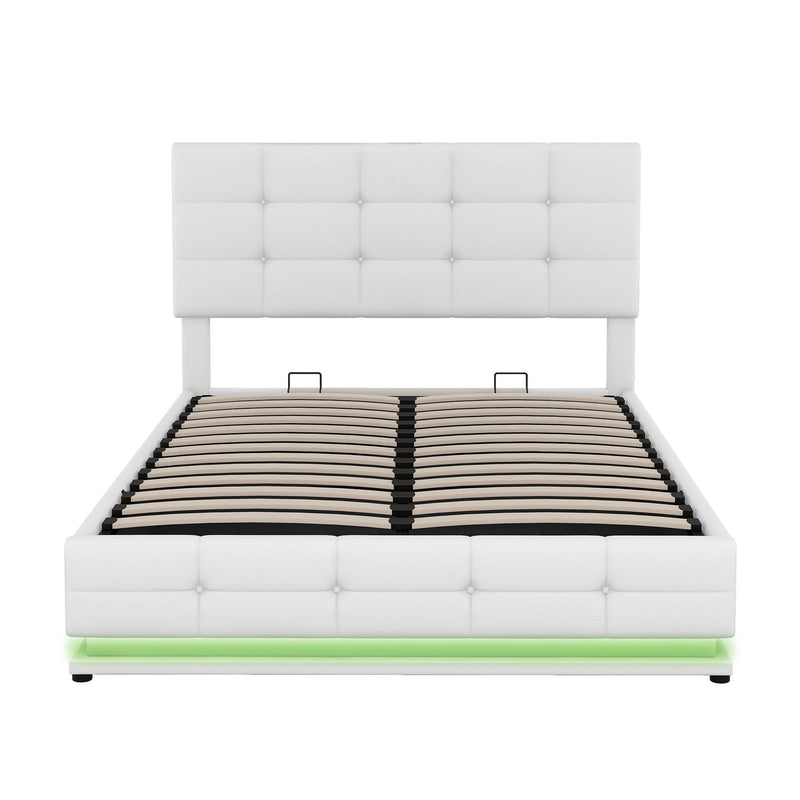 Full Size Tufted Upholstered Platform Bed with HydraulicStorage System,PUStorage Bed with LED Lights and USB charger, White