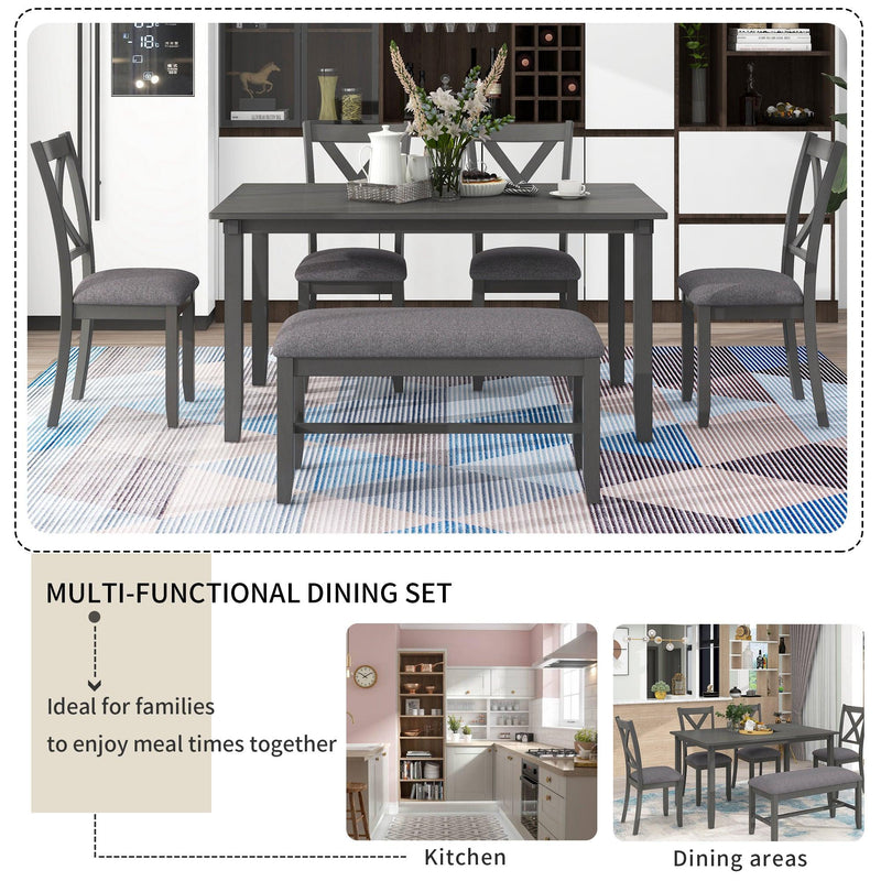 6-Piece Kitchen Dining Table Set Wooden Rectangular Dining Table, 4 Fabric Chairs and Bench Family Furniture (Gray) - Urban Living Furniture (Los Angeles, CA)