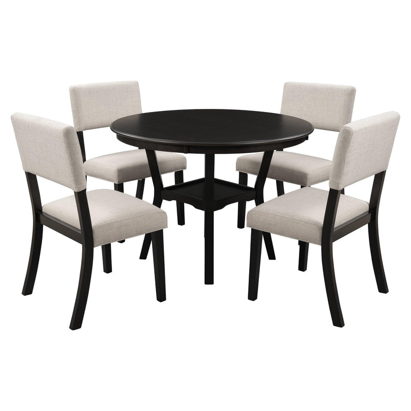 5-Piece Kitchen Dining Table Set Round Table with Bottom Shelf, 4 Upholstered Chairs for Dining Room（Espresso） - Urban Living Furniture (Los Angeles, CA)