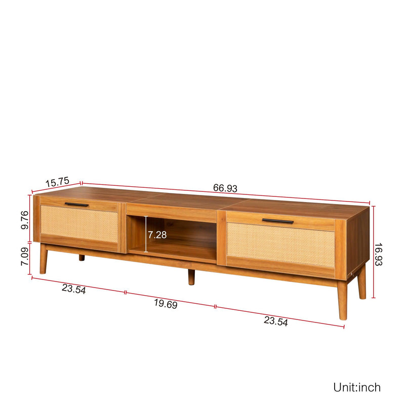 TV Stand for 80 Inch TV, wood Entertainment CenterModern TV Console Table, Rattan TV Stand withStorage, Doors and Shelves, Low TV Console Media Cabinet Furniture for Living Bedroom