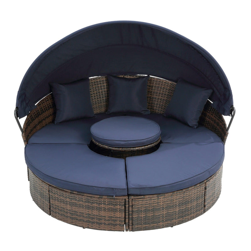 Rattan Round Lounge With Canopy Bali Canopy Bed Outdoor, Wicker Outdoor Sofa Bed with lift coffee table