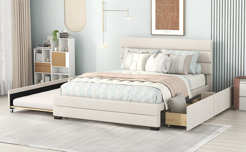 Queen Upholstered Platform Bed with Twin Size Trundle and Two Drawers, Beige - Urban Living Furniture (Los Angeles, CA)