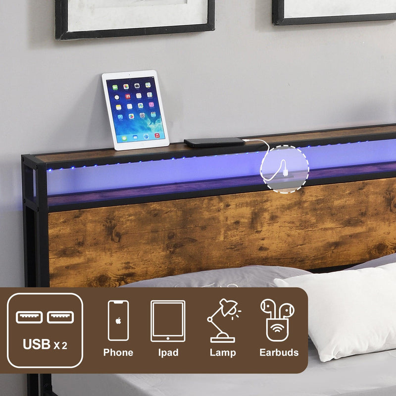 Industrial Queen Bed Frame with LED Lights and 2 USB Ports, Bed Frame Queen Size withStorage, Noise Free, No Box Spring Needed, Rustic Brown