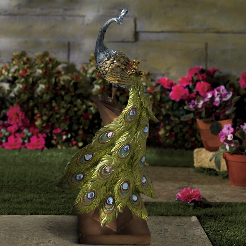 Polystone Decorative Peacock Figurine with Block Stand, Green and Gold - Urban Living Furniture (Los Angeles, CA)