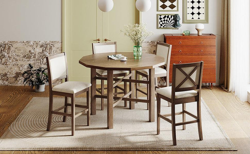 5-Piece Rubber Wood Counter Height Dining Table Set, Irregular Table with 4 High-back Cushioned Chairs for Small Place, Brown - Urban Living Furniture (Los Angeles, CA)