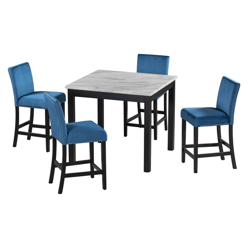 5-piece Counter Height Dining Table Set with One Faux Marble Dining Table and Four Upholstered-Seat Chairs, Table top: 40in.L x40in.W, for Kitchen and Living room Furniture,Blue - Urban Living Furniture (Los Angeles, CA)