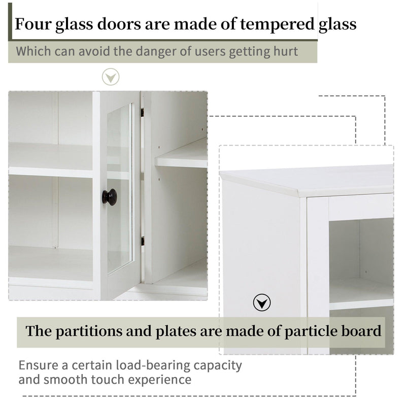 TV Stand for TV up to 60in with 4 Tempered Glass Doors Adjustable Panels Open Style Cabinet, Sideboard for Living room, White