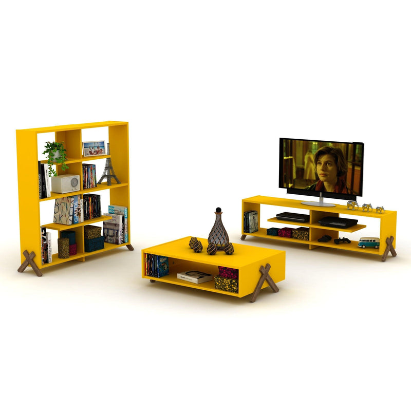 Mid CenturyModern Tv Stand 4 Shelves OpenStorage Wood Legs Entertainment Centre 57 inch Low Tv Unit, Walnut/Yellow