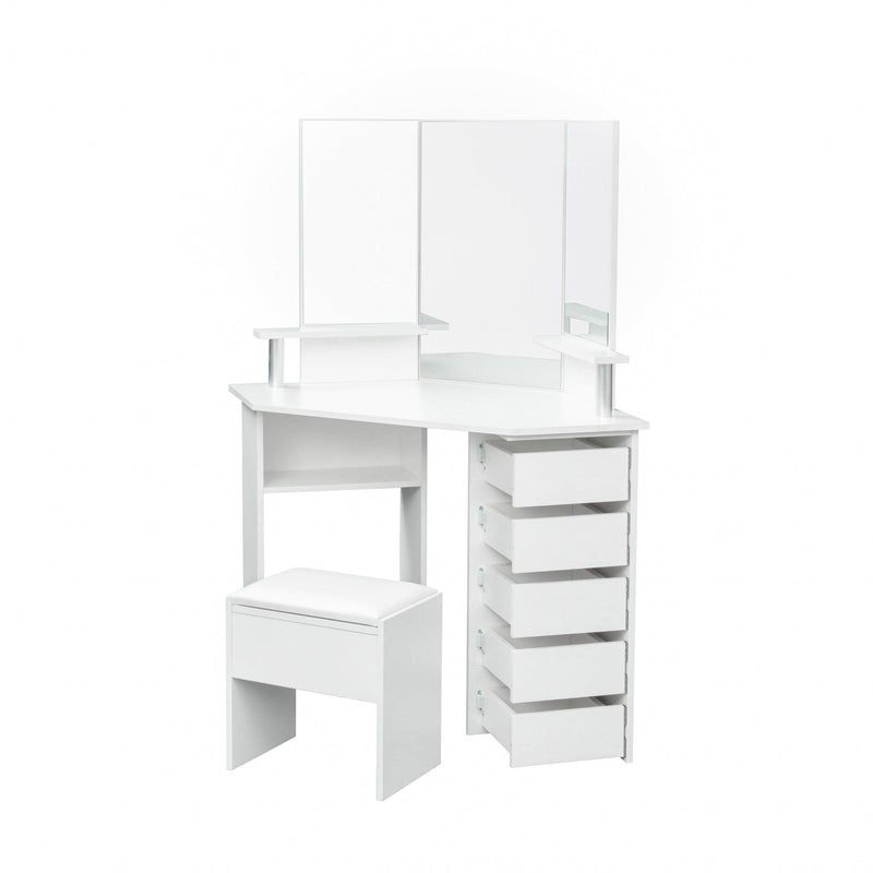 Corner dressing table make up desk with three-fold mirror and 5 rotary drawer Wooden Bedroom Vanity Table (White) - Urban Living Furniture (Los Angeles, CA)