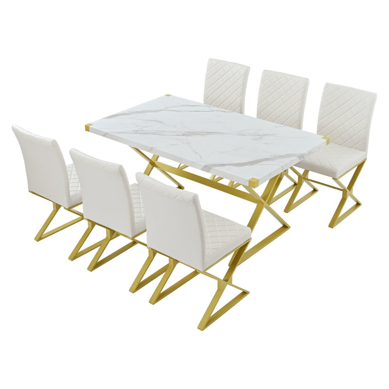 7-PieceModern Dining Table Set, Rectangular Marble Texture Kitchen Table and 6 PU leather Chairs with X-Shaped Gold Steel Pipe Legs for Dining Room (White) - Urban Living Furniture (Los Angeles, CA)