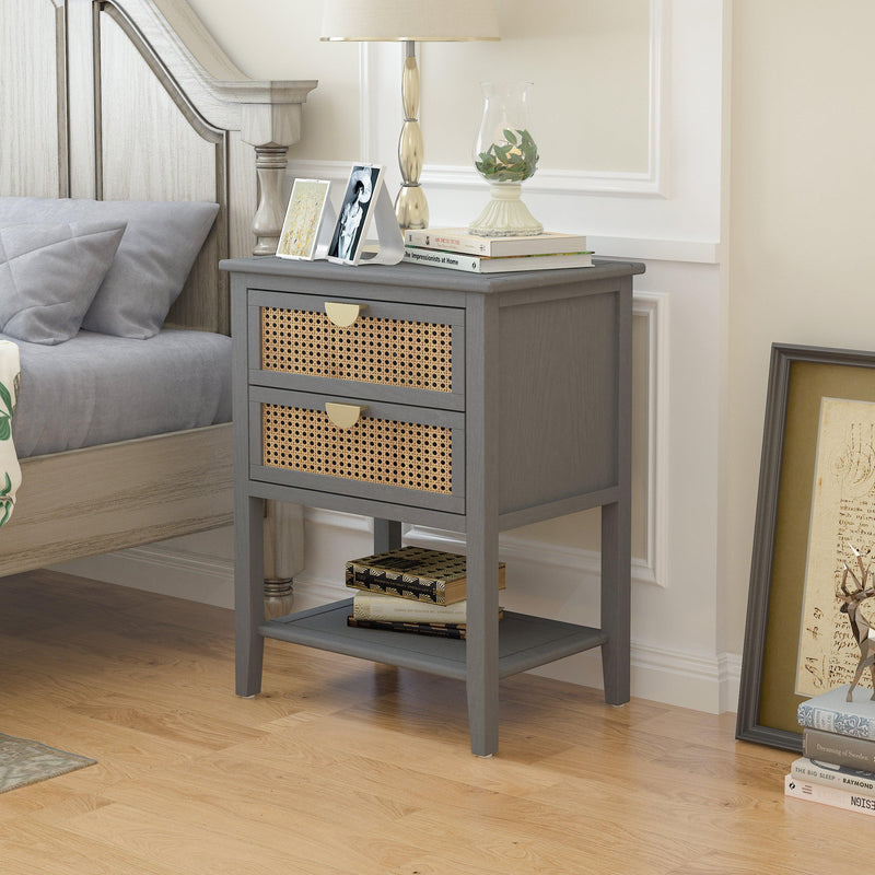2 Drawer Side table,Naturel Rattan,End table,Suitable for bedroom, living room, study