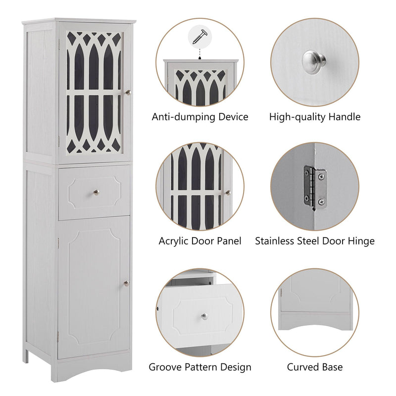 Tall Bathroom Cabinet, FreestandingStorage Cabinet with Drawer and Doors, MDF Board, Acrylic Door, Adjustable Shelf, White - Urban Living Furniture (Los Angeles, CA)