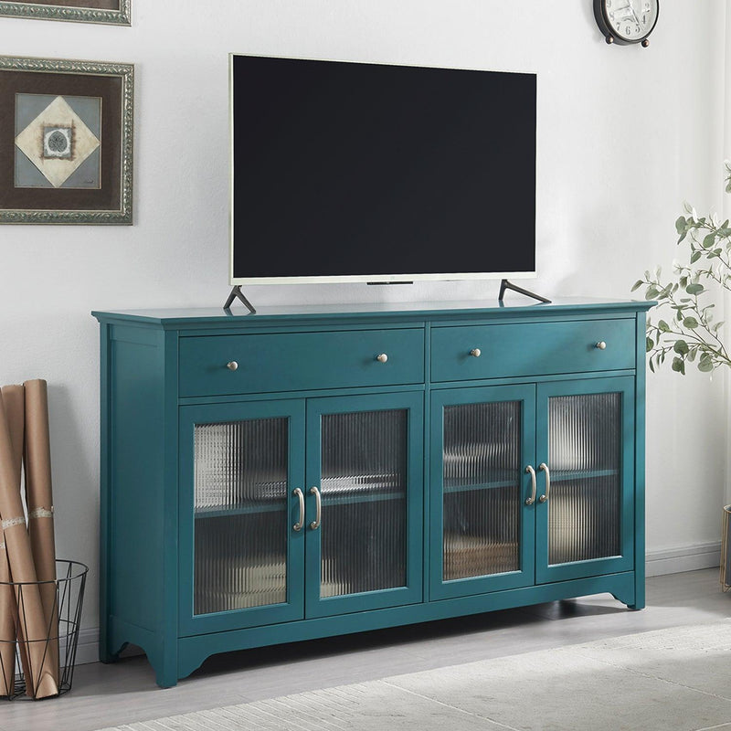 68” TV Console,Storage Buffet Cabinet, Sideboard with Glass Door and Adjustable Shelves, Console Table for Dining Living Room Cupboard, Teal Blue