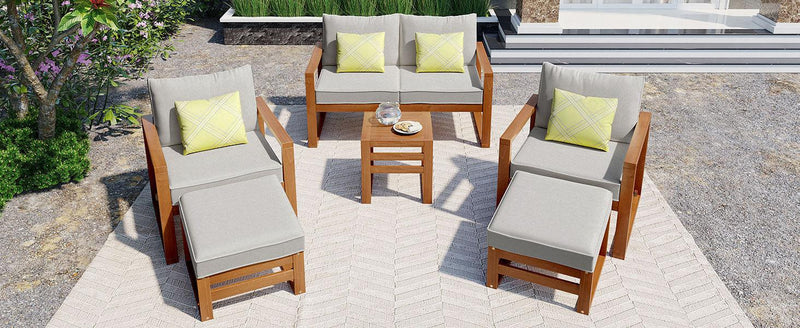 Outdoor Patio Wood 6-Piece Conversation Set, Sectional Garden Seating Groups Chat Set with Ottomans and Cushions for Backyard, Poolside, Balcony, Grey - Urban Living Furniture (Los Angeles, CA)