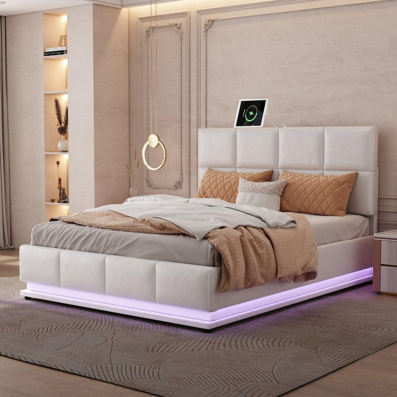 Tufted Upholstered Platform Bed with HydraulicStorage System,Queen Size PUStorage Bed with LED Lights and USB charger, White - Urban Living Furniture (Los Angeles, CA)