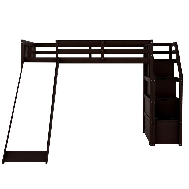 Twin Size Loft Bed withStorage and Slide, Espresso