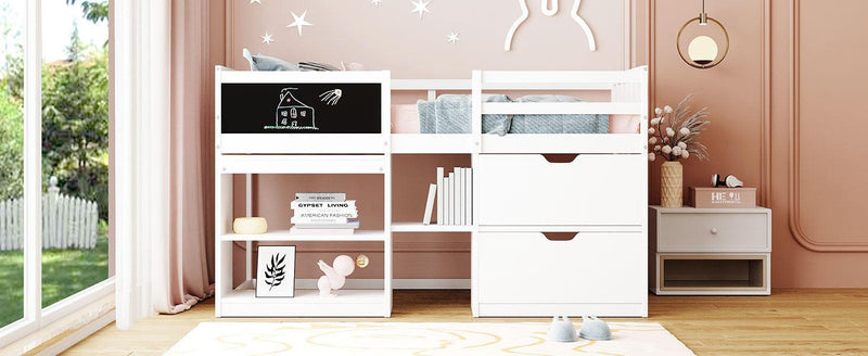 Twin Size Low Loft Bed with Rolling Desk, Shelf and Drawers - White - Urban Living Furniture (Los Angeles, CA)