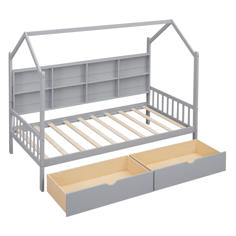 Wooden Twin Size House Bed with 2 Drawers,Kids Bed withStorage Shelf, Gray - Urban Living Furniture (Los Angeles, CA)