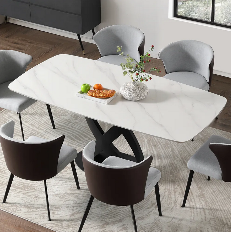 Modern Dining Table, Sintered Stone Tabletop Dining Room Table for 6-7, Solid Black Carbon Steel Base, 63"