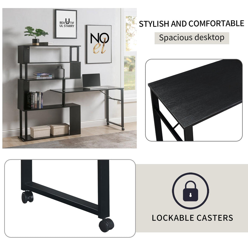 Home Office Computer Desk L-Shaped Corner Table, Rotating Computer Table with 5-Tier Bookshelf, Four Installation Methods, Lockable Casters (Black) - Urban Living Furniture (Los Angeles, CA)