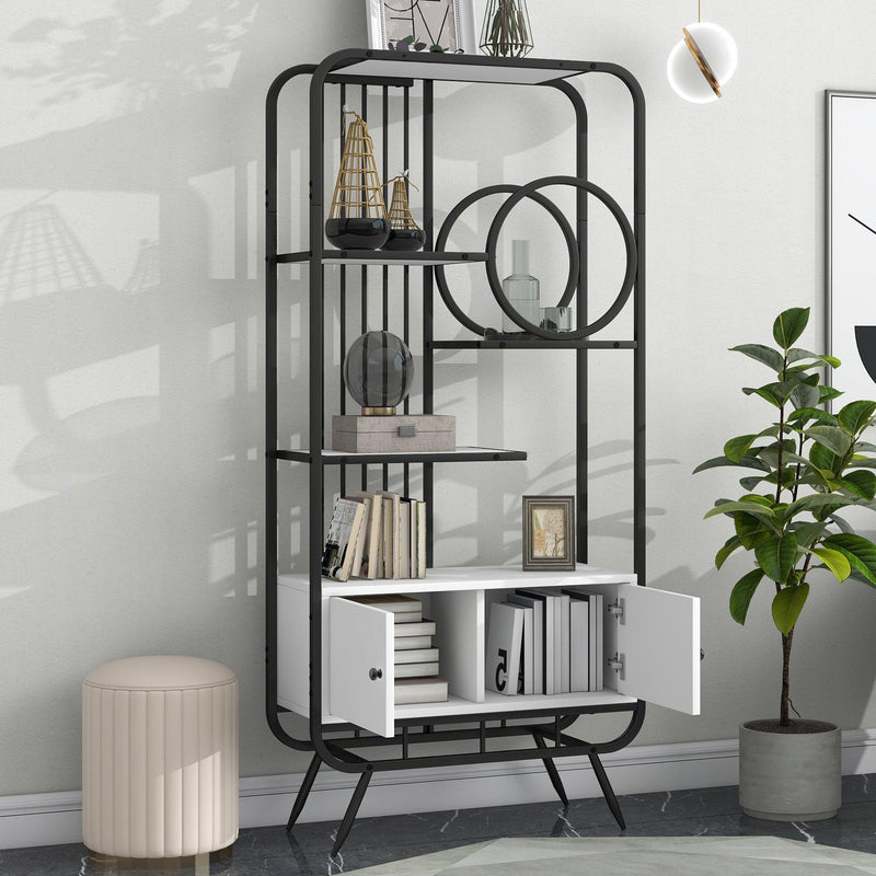 Home Office Bookcase with Cabinet Open BookshelfStorage Large Bookshelf Furniture with Black Metal Frame, White
