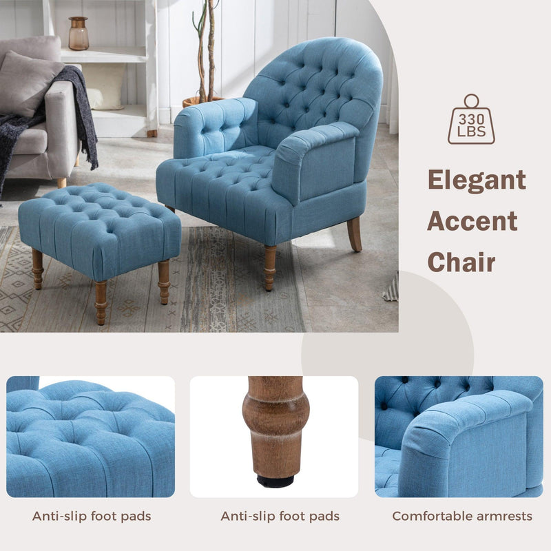 Accent Chair,Button-Tufted Upholstered Chair Set ,Mid CenturyModern Chair with Linen Fabric and Ottoman for Living Room Bedroom Office Lounge,Blue - Urban Living Furniture (Los Angeles, CA)