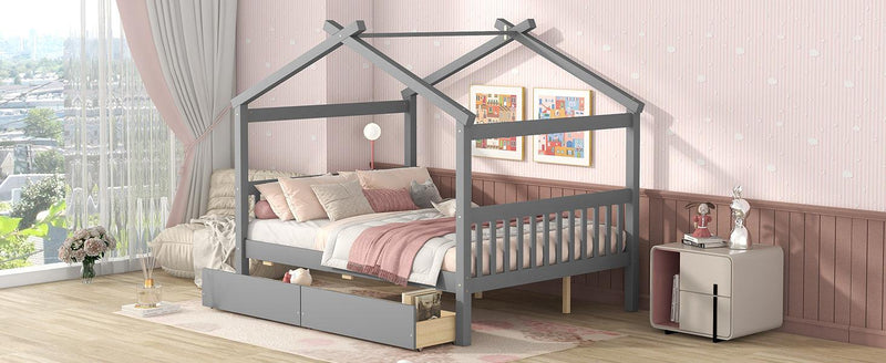 Full Size Wooden House Bed with Drawers, Gray