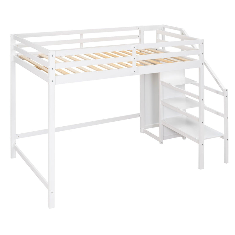Full Size Loft Bed with Built-inStorage Wardrobe and Staircase,White