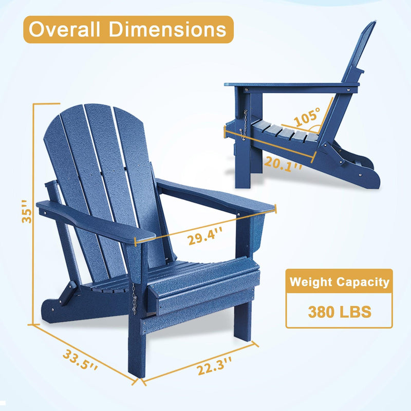 Folding Adirondack Chair Outdoor, Poly Lumber Weather Resistant Patio Chairs for Garden, Deck, Backyard, Lawn Furniture, Easy Maintenance & Classic Adirondack Chairs Design, Navy Blue - Urban Living Furniture (Los Angeles, CA)