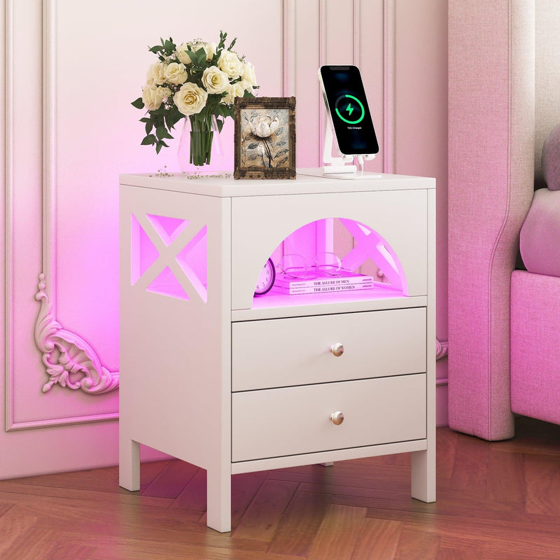 Nightstand with USB Charging Ports and LED Lights,End Table with 2 Drawers and Shelf,White - Urban Living Furniture (Los Angeles, CA)