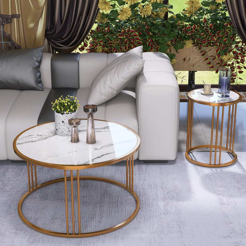 Coffee Table Set of 2, Round Slate Coffee Table with Steel Frame For Living Room
