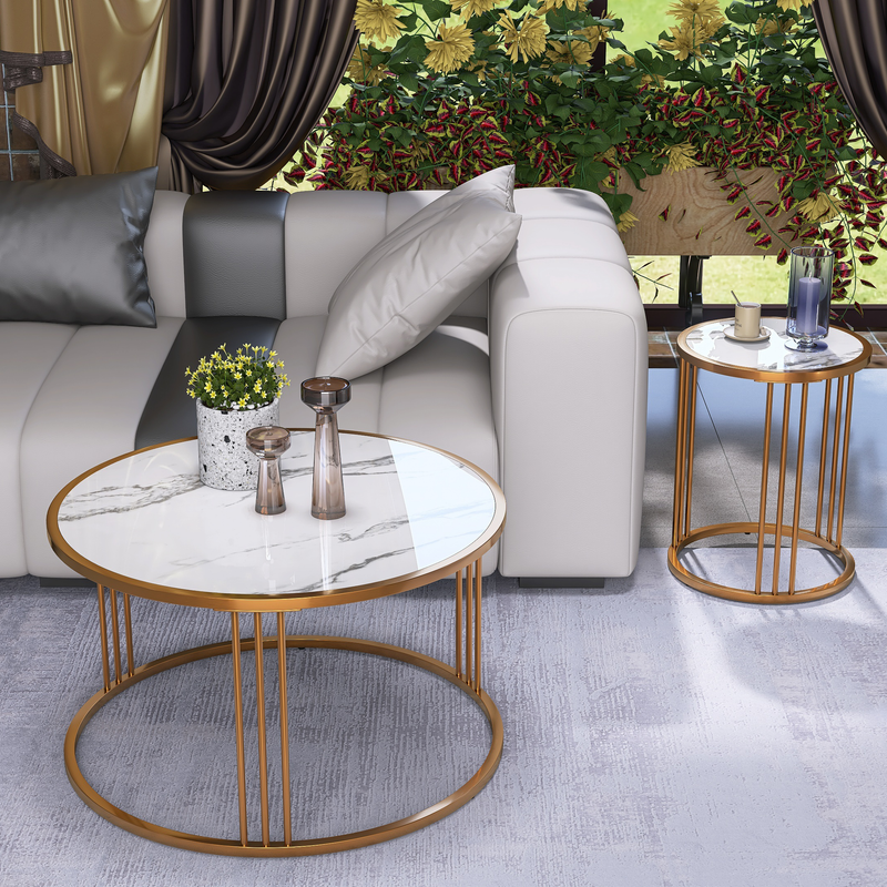 Coffee Table Set of 2, Round Slate Coffee Table with Steel Frame For Living Room - Urban Living Furniture (Los Angeles, CA)