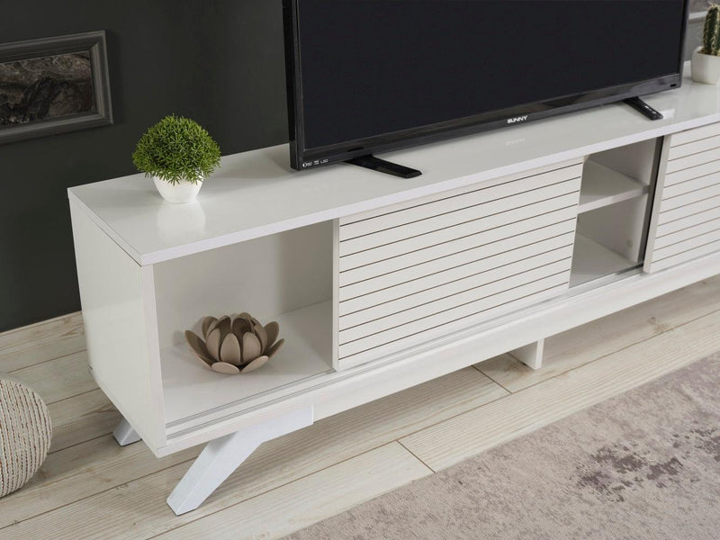 Luxia Mid CenturyModern Tv Stand 2 Sliding Door Cabinet 2 Shelves 67 inch Tv Uni, White